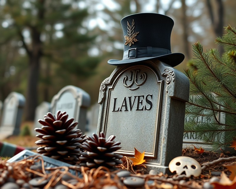 tombstone, pinecone, top hat